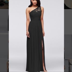 David’s Bridal long one shoulder lace black dress